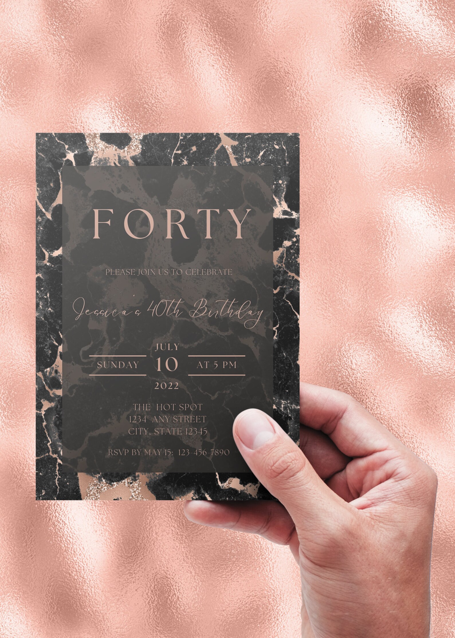 Editable Rose Gold and Black Birthday Invitation, Black Marble ...