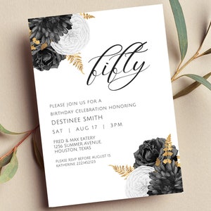 Editable Black, White and Gold Floral Invitation, Black, White and Gold Flowers, Birthday Invitation, Printable or Text Invite