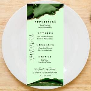 Modelo de cartão de menu editável em tons de verde, verde e dourado, cartão de menu verde ágata, menu de mesa, cartões de menu de jantar de aniversário, menu de bar