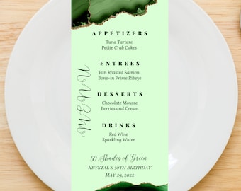 Editable Shades of Green Menu Card Template, Green and Gold, Green Menu Card Agate, Table Menu, Birthday Dinner Menu Cards, Bar Menu