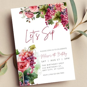 Editable Winery Invitation, Wine Birthday Invitation, Fine Like Wine, Let&#39;s Sip, Floral, Printable or Text Invite