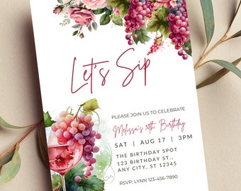 Editable Winery Invitation, Wine Birthday Invitation, Fine Like Wine, Let's Sip, Floral, Printable or Text Invite