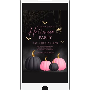 May include: A black and gold Halloween party invitation with a spider web background. The invitation features a pink and black pumpkin design and the text "Please join us for a Halloween Party, Sat | Oct 17 | 8 PM, The Smith's Residence, 123 Scary Avenue, Houston, Texas 12345, Costumes Encouraged."