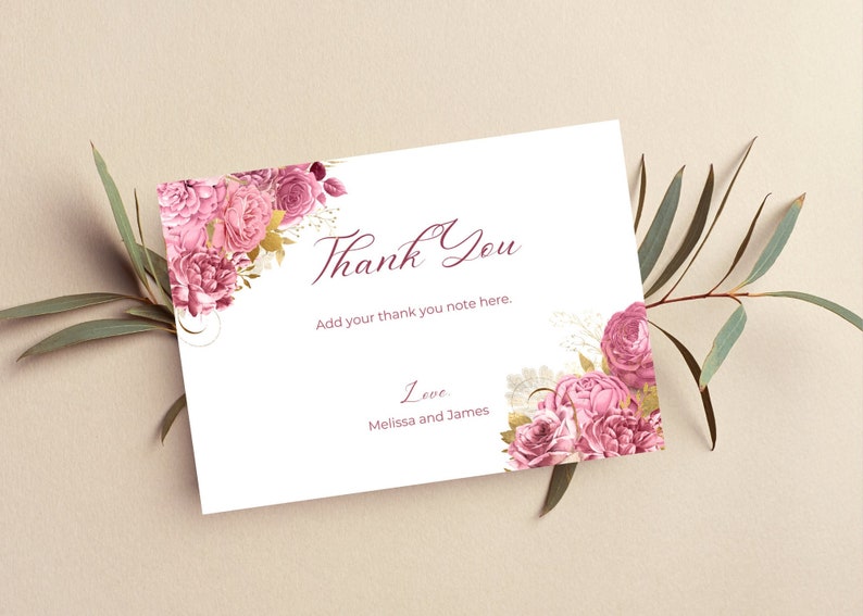 Editable Thank You Card Pink and Gold Floral Thank You Note Etsy