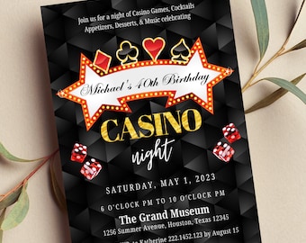 Invitación de cumpleaños editable con temática de casino, ideal para una noche de casino o para imprimir o descargar en formato digital.
