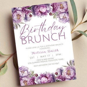 Bearbeitbare Geburtstags-Brunch-Einladung, Lila mit Blumen, Sonntagsbrunch, Baby-Brunch, Brautbrunch, druckbar oder digital einladen