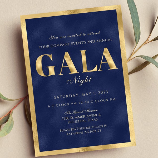 Editable Gala Invitation, Gala Party, Corporate Invite, Fundraiser, Business Invitation, Business Anniversary, Blue and Gold, Printable