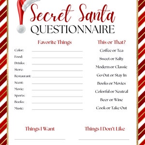 Secret Santa Questionnaire Printable Editable Gift Exchange Survey Etsy Secret Santa Questionnaire Printable Editable Gift Exchange Survey Etsy