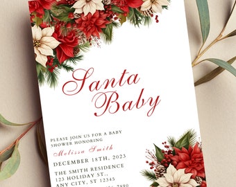 Editable Santa Baby Invitation Christmas Baby Shower Invitation Floral Christmas Boy or Girl Baby Shower Printable or Digital Invite