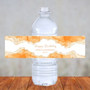 Modèle d'étiquette modifiable orange et blanc pour bouteille d'eau, orange et or, cadeau de fête, anniversaire, mariage, baby shower, imprimable, instantané