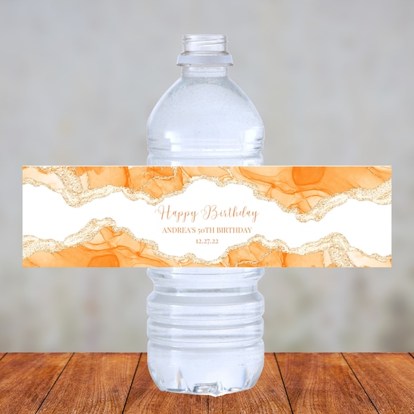 Editable Orange and White Water Bottle Label Template, Orange and Gold, Party Favor, Birthday, Wedding, Baby Shower, Printable, Instant