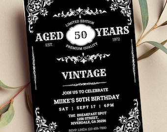 Editable Whiskey Label Invitation, Aged to Perfection, Vintage Birthday Party, Black and White Invitation for Men, Printable or Text Invite