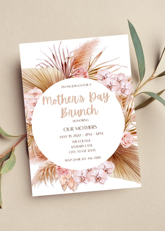 Floral Mother's Day Brunch Invitation, Editable Pampas Design (Digital Download)