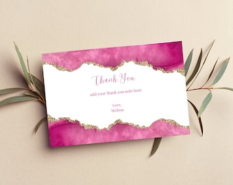 May include: Pink and gold thank you card with a glittery agate design. The card says "Thank You" and has space to add a personalized message. It also says "Love, Melissa".