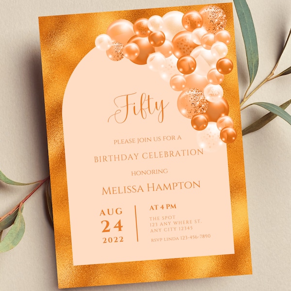 Editable Orange Birthday Invitation, Orange Balloon Arch Invite, Printable or Text Invite
