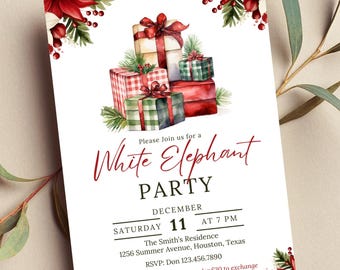 Peut inclure: Une invitation blanche avec des illustrations aquarelle de cadeaux de Noël et de verdure en rouge et vert. Le texte indique "Veuillez nous rejoindre pour une fête de l'éléphant blanc, le 11 décembre à 19h. La résidence des Smith, 1256 Summer Avenue, Houston, Texas. RSVP : Don 123.456.7890. Veuillez apporter un cadeau emballé de moins de 30 € à échanger."