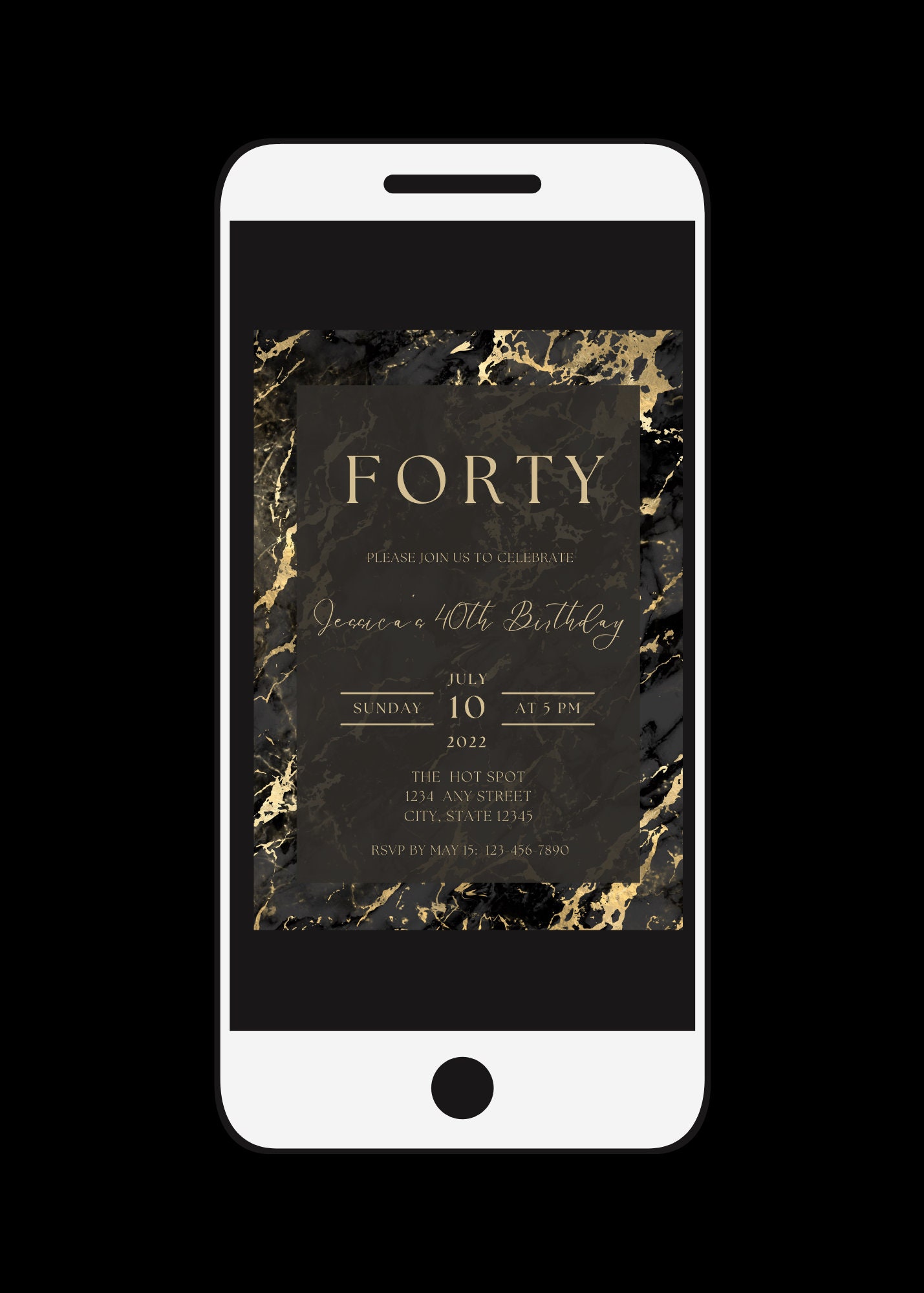Editable Black and Gold Birthday Invitation, Black Marble Invitation ...
