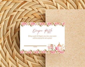 Editable Diaper Raffle Card, A Baby is Brewing, Baby Shower, Pink and Gold, Tea Party, Printable