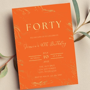 Editable Orange and Gold Birthday Invitation, Orange Marble Invitation, Luxury, Printable or Text Invite