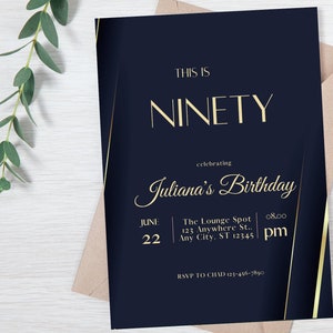 90th Birthday Invitation |  Navy Blue and Gold Birthday Invitation | Editable | Digital Invite | Text Invite