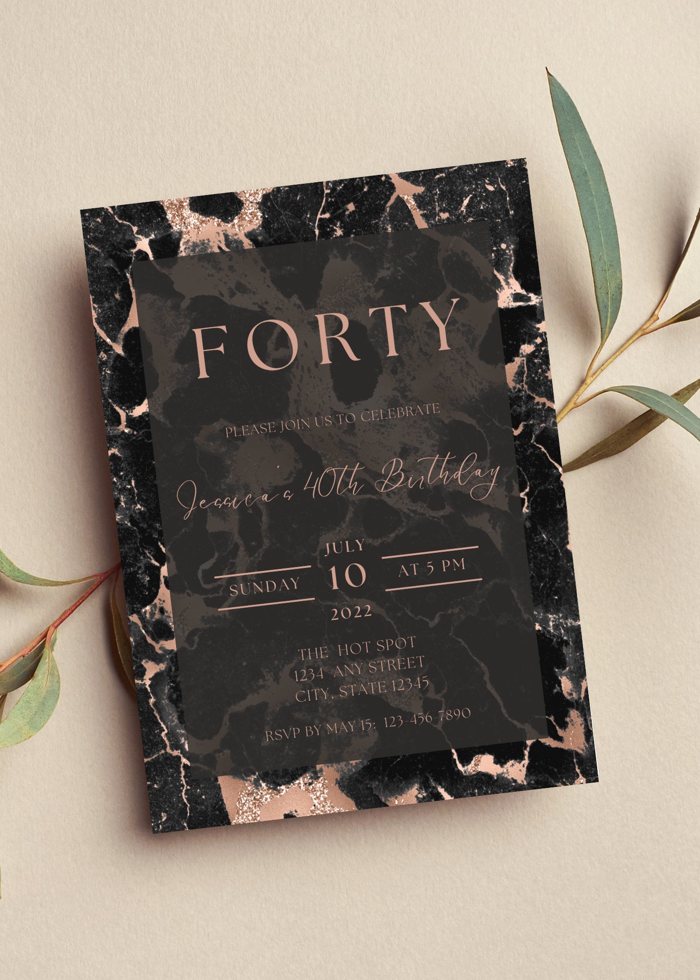 Editable Rose Gold and Black Birthday Invitation, Black Marble ...