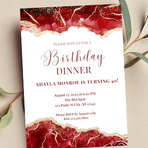 Editable Red and White Invitation, Agate Birthday Dinner Invitation, Printable or Digital Invitation