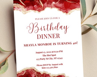 Editable Red and White Invitation, Agate Birthday Dinner Invitation, Printable or Text Invite