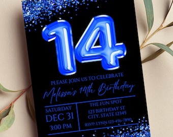 Faire-part 14e anniversaire modifiable, doux 14, faire-part bleu et noir, ballon bleu 14 ans, glam, paillettes, invitation imprimable ou numérique