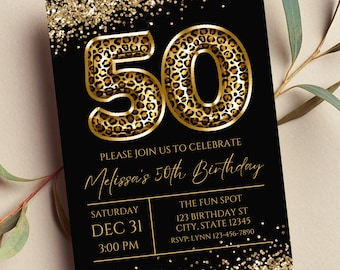 Editable 50th Birthday Invitation, Leopard Print, Black and Gold, Invitation, Animal Print 50 Balloon, Glam, Printable or Digital Invitation