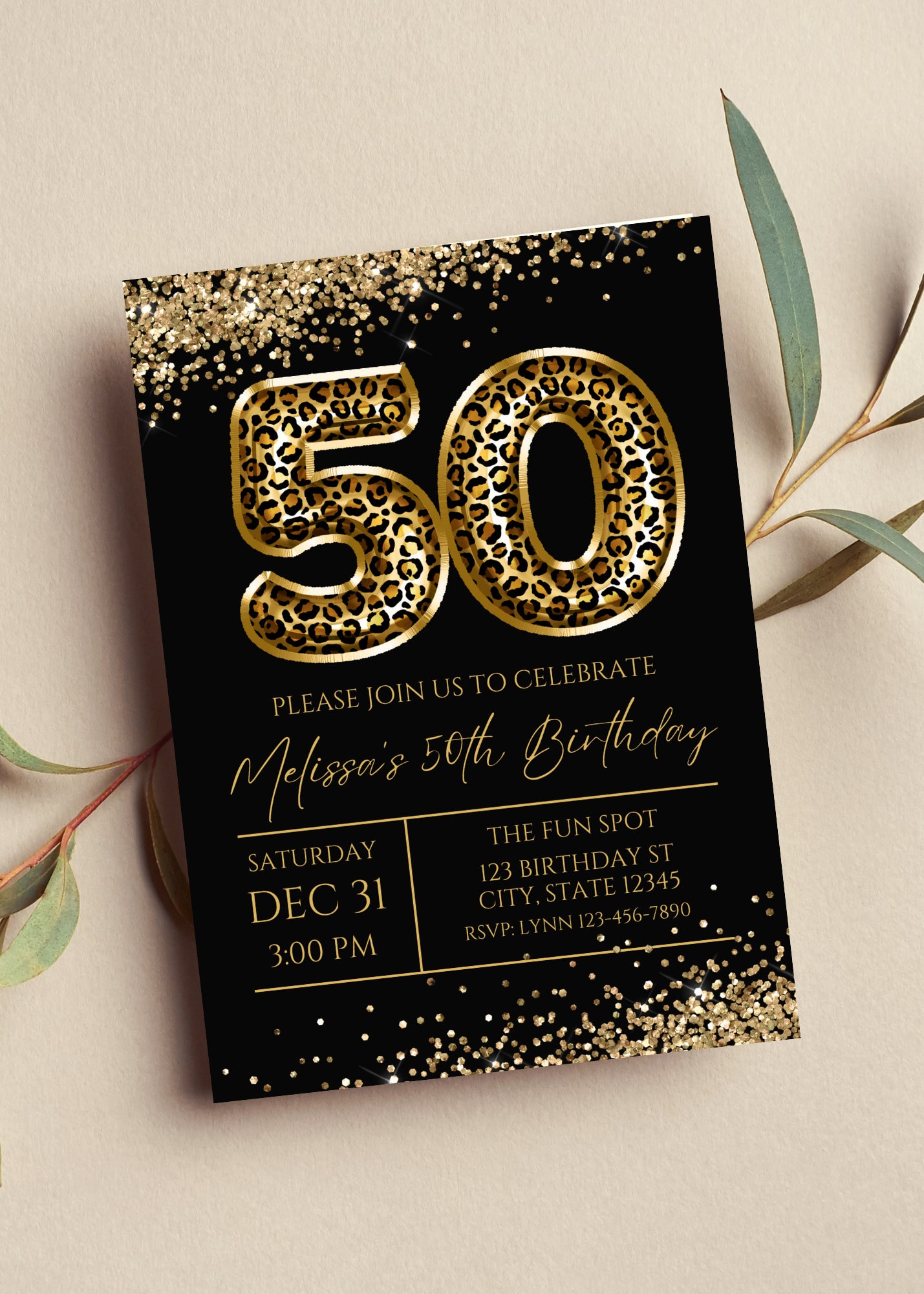 Editable 50th Birthday Invitation, Leopard Print, Black and Gold