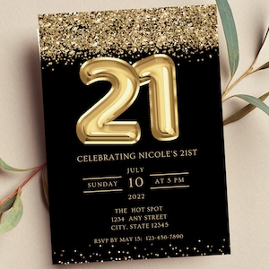 Editable 21st Birthday Invitation, Black and Gold Invitation, Gold 21 Balloon, Glam, Glitter, Printable or Text Invite