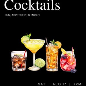 May include: Invitation to a cocktail party at The Cocktail Lounge, located at 123 Drink Street St., Any City, ST 12345. The party is on Saturday, August 17th at 7 PM. RSVP to Lynn at 123-456-7890.
