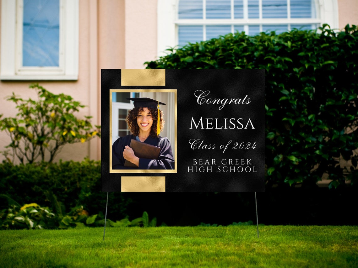 Editable Graduation Yard Sign Template With Photo, Black and Gold, Lawn ...