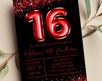 Bearbeitbare Einladung zum 16. Geburtstag, Sweet 16, rote und schwarze Einladung, Red 16 Balloon, Glam, Glitter, Printable oder Text Invite