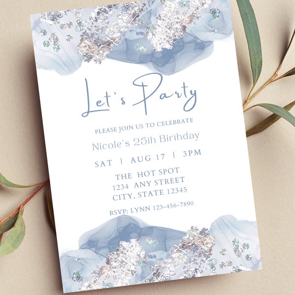 Editable Let's Party Birthday Invitation, Blue and Silver, Dusty Blue, Winter Frozen, Glam, Printable or Text Invite