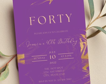 Invitación de cumpleaños editable en morado y dorado, mármol, lujo, imprimible o digital.