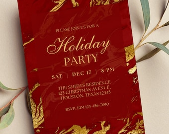 May include: Red and gold holiday party invitation with a marble effect background. The text reads "Please join us for a Holiday Party, Sat Dec 17, 8 PM, The Smith's Residence, 123 Christmas Avenue, Houston, Texas 12345, RSVP: KIM 123-456-7890".