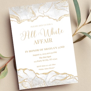 Editable All White Affair Invitation, White and Gold All White Party Invite, Printable or Digital Invitation