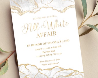 Editable All White Affair Invitation, All White Party Invitation,  White and Gold, Formal Attire Invite, Printable or Text Invite