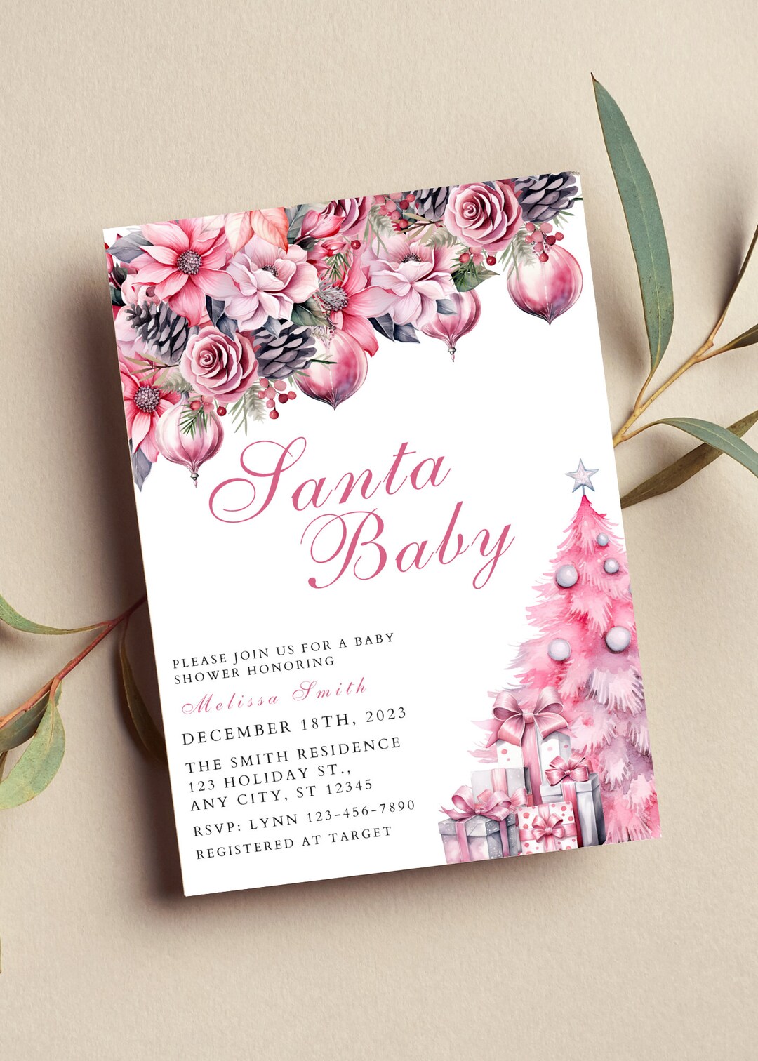 Editable Santa Baby Invitation Christmas Baby Shower Invitation Pink ...