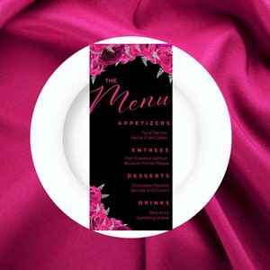 Editable Menu Card Template, Hot Pink, Black and Silver Menu Cards, Floral, Dinner Menu, Table Menu, Wedding Menu, Brunch Menu, Printable