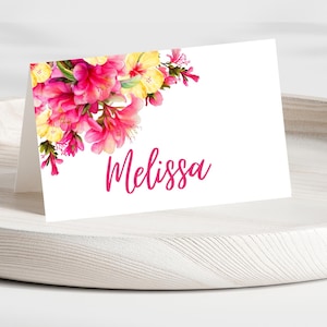 Editable Place Card Template, Printable Name Cards, Pink and Yellow Floral Party Food Cards Table Decor Food Labels