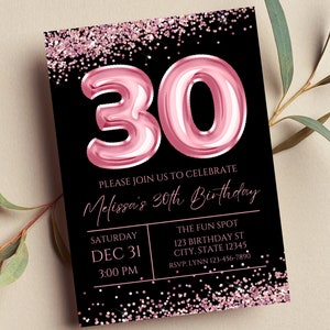 Invito modificabile per il 30° compleanno, invito rosa e nero, palloncino rosa 30, glamour, glitterato, invito stampabile o digitale