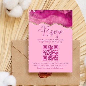 Redigerbart OSA-kort med QR-kod, inbjudningsinlägg, bilagekort, utskrivbart OSA-kort, rosa, bröllop, bruddusch, svarskort