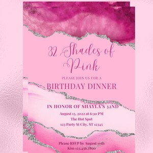 Editable Shades of Pink Invitation, Pink and Silver Birthday Dinner ...