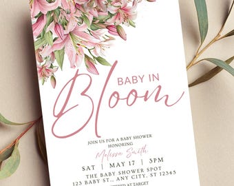 Editable Baby in Bloom Invitation, Baby Shower Floral Pink, Girl, Spring Flowers, Summer, Printable or Digital Invite