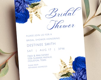Editable Bridal Shower Invitation, Royal Blue and Gold Floral Bridal Shower Invite, Printable or Text Invite