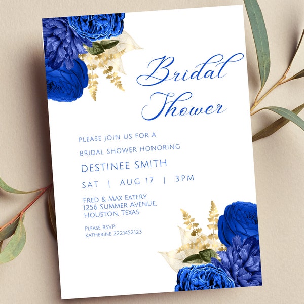 Editable Bridal Shower Invitation, Royal Blue and Gold Floral Bridal Shower Invite, Printable or Text Invite