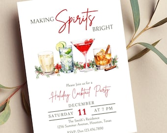 Könnte beinhalten: Eine weiße Einladungskarte mit rotem Text, der "Making Spirits Bright" lautet. Die Einladung ist für eine Weihnachts-Cocktailparty am Samstag, den 11. Dezember um 19:00 Uhr. Die Residenz der Smiths befindet sich in der Summer Avenue 1256, Houston, Texas. RSVP an Don unter 123.456.7890.