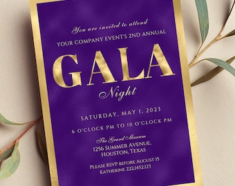Editable Gala Invitation, Gala Party, Corporate Invite, Fundraiser, Business Invitation, Business Anniversary, Purple and Gold, Printable